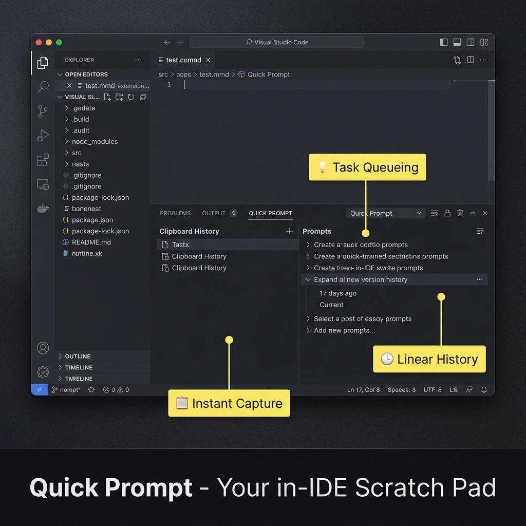 Quick Prompt VS Code extension — bottom panel with Task Queueing, Instant Capture, and Linear History