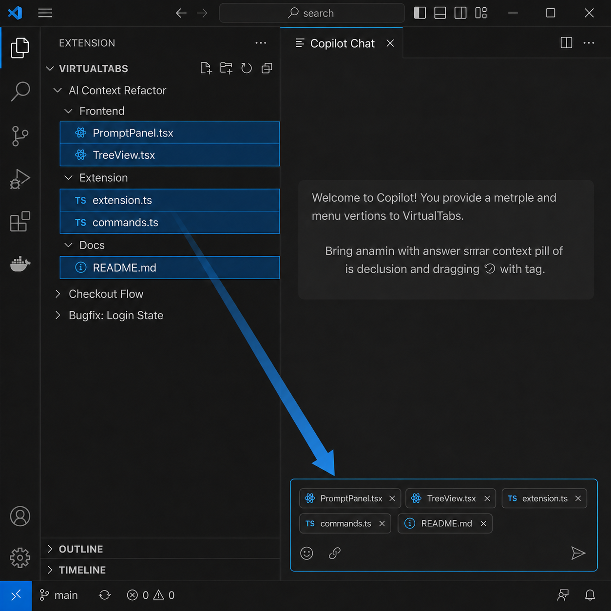 Selected VirtualTabs context attached to an AI chat